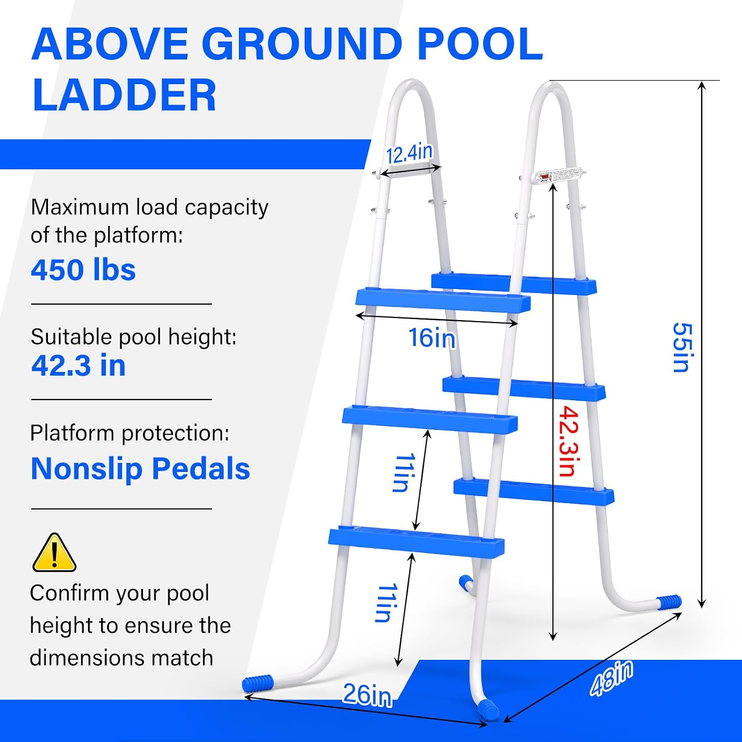 Heavy Duty Steel Frame Swimming Pool Ladder for Above Ground Pools, 3-Step Double-Sided Pool Stairs for 42 Height Pools, 450lbs Capacity with Anti-Slip Rubber Feet & Wide Steps